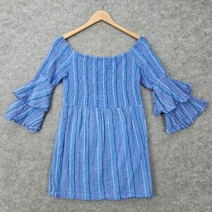 Mudpie Tunic Dress Women's Medium Blue Striped Smocked Tiered Ruffle Sleeve Boho